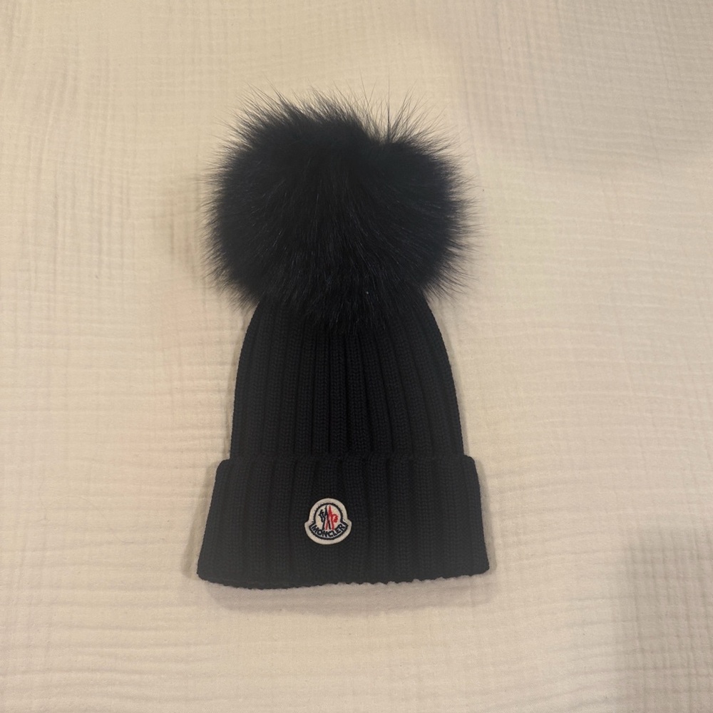 Moncler Navy Beanie with Faux Fur Pom Pom
